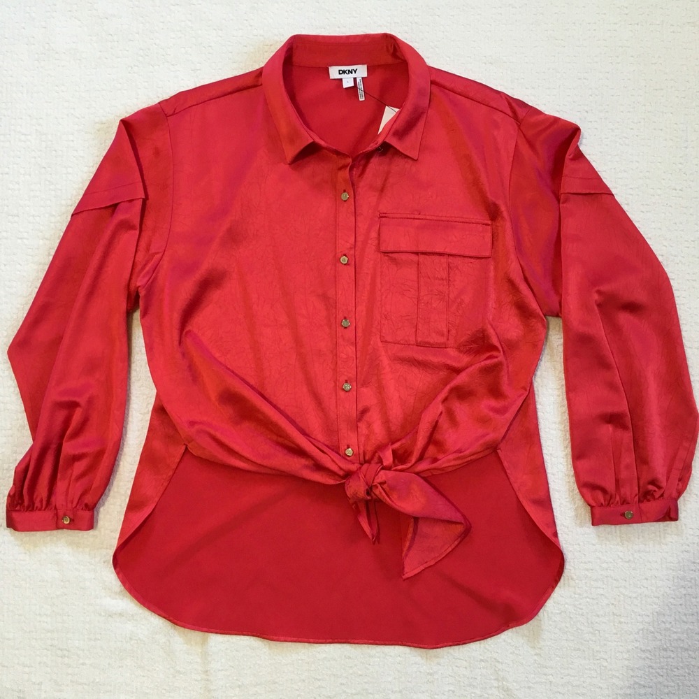DKNY Womens Hot Pink Crinkle Satin Tie Front Button Down Blouse‎ Shirt Large NEW
